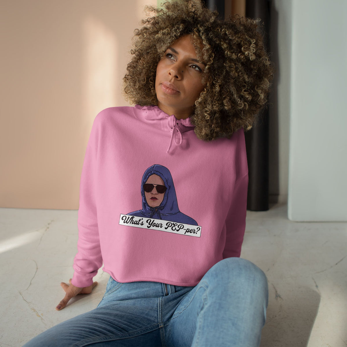Crop Hoodie — 'What's Your PEP Per?' Graphic Cropped Hoodie