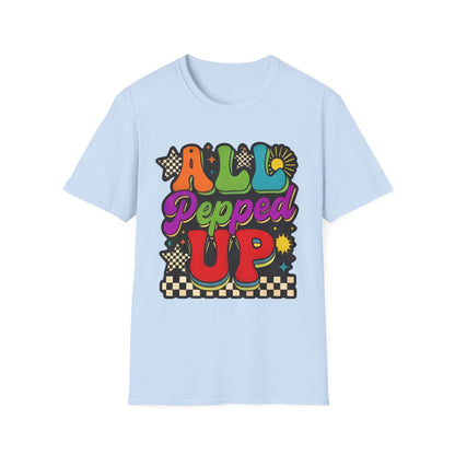 All Pepped Up Retro T-Shirt — Colorful 70s Groove Graphic Tee