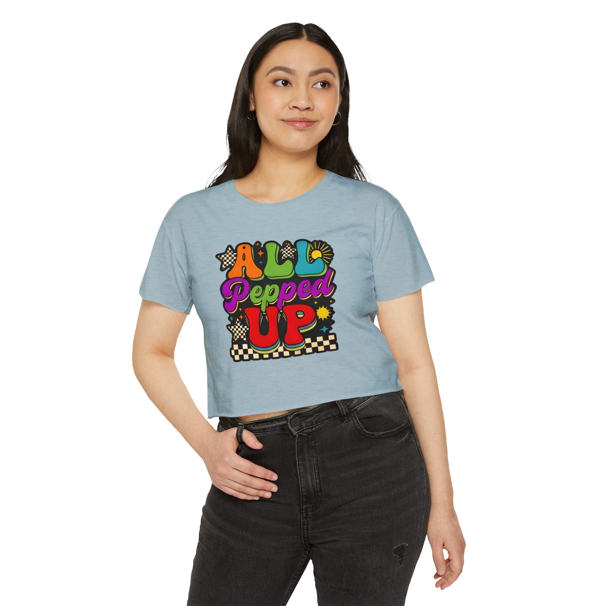 All Pepped Up Festival Crop Top — Retro Psychedelic Graphic Tee for Women