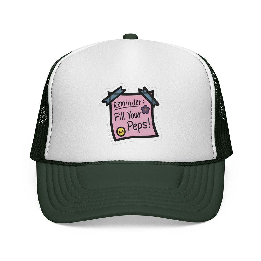 Trucker Hat — "Reminder: Fill Your Peps!" Cute Pastel Note Patch Cap