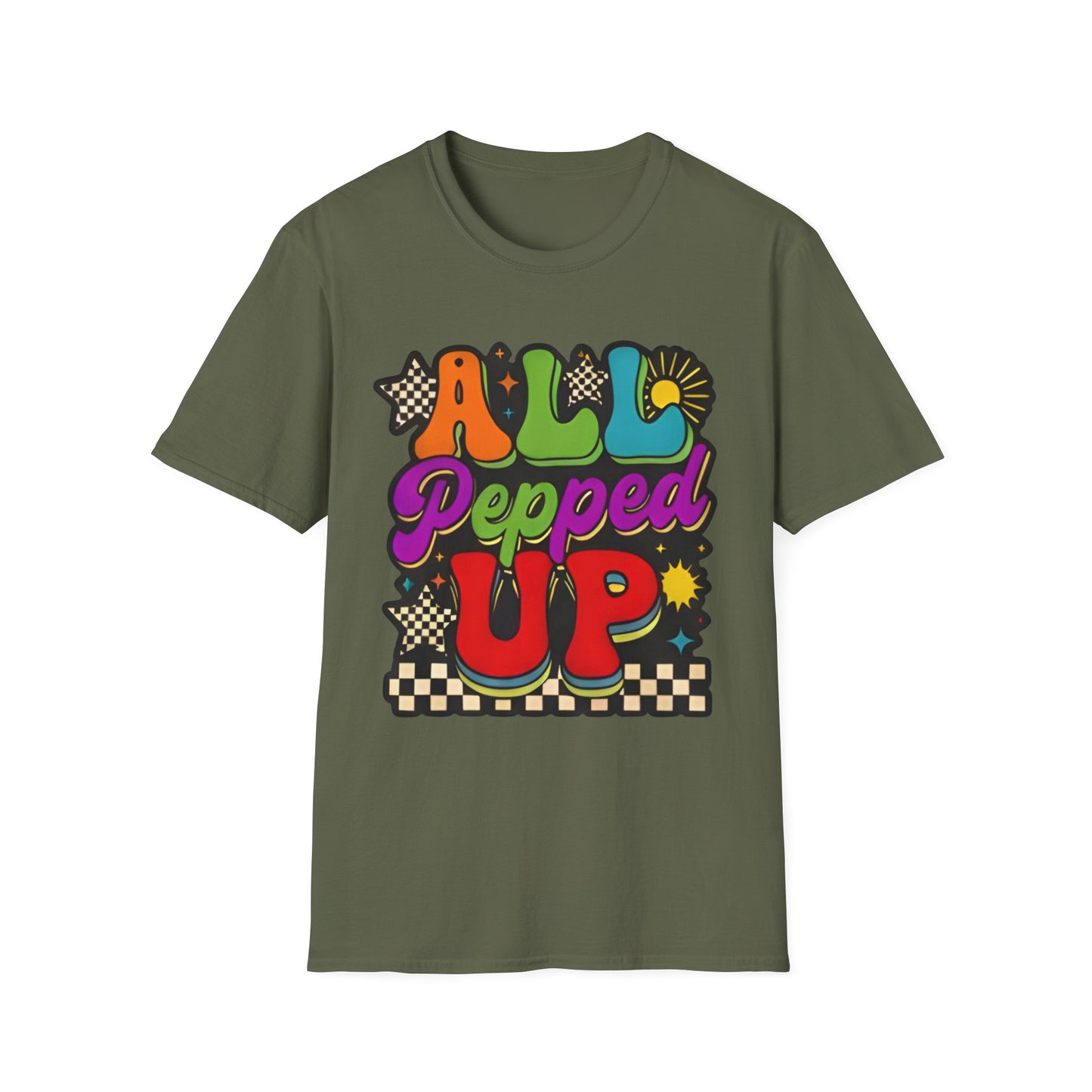 All Pepped Up Retro T-Shirt — Colorful 70s Groove Graphic Tee