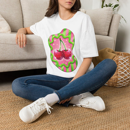 Cherry Kiss T-Shirt — Retro Pink & Green Graphic Tee