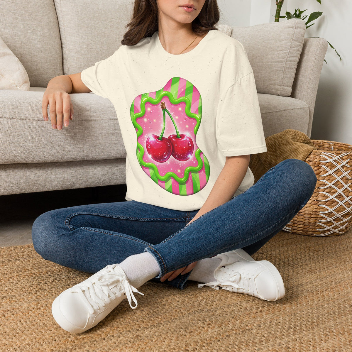 Cherry Kiss T-Shirt — Retro Pink & Green Graphic Tee
