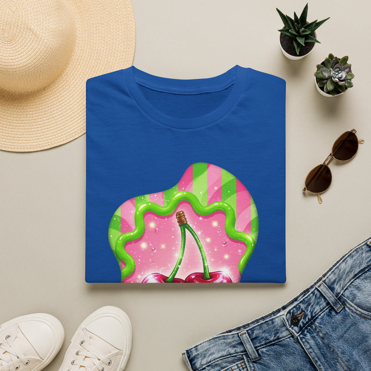 Cherry Kiss T-Shirt — Retro Pink & Green Graphic Tee