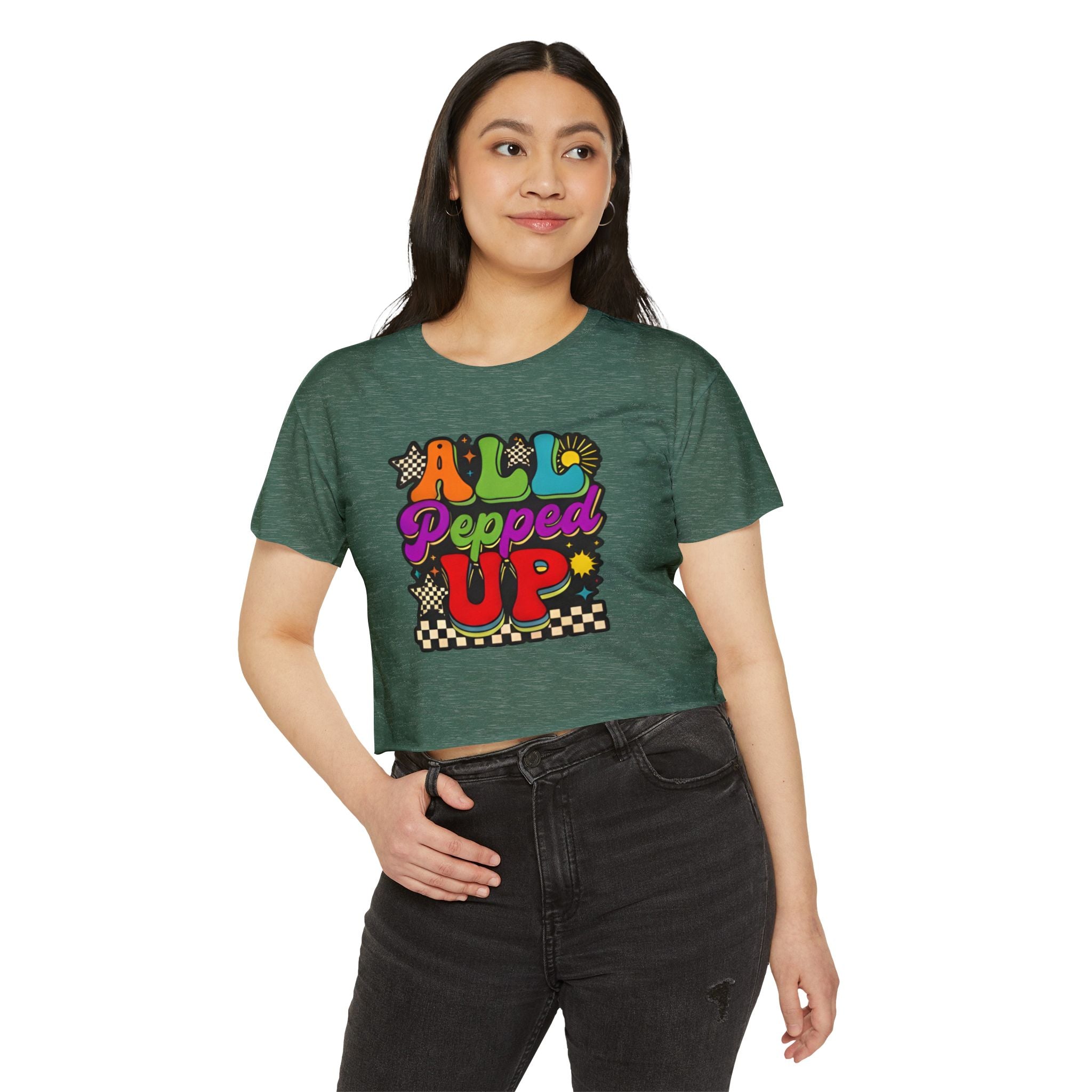 All Pepped Up Festival Crop Top — Retro Psychedelic Graphic Tee for Women