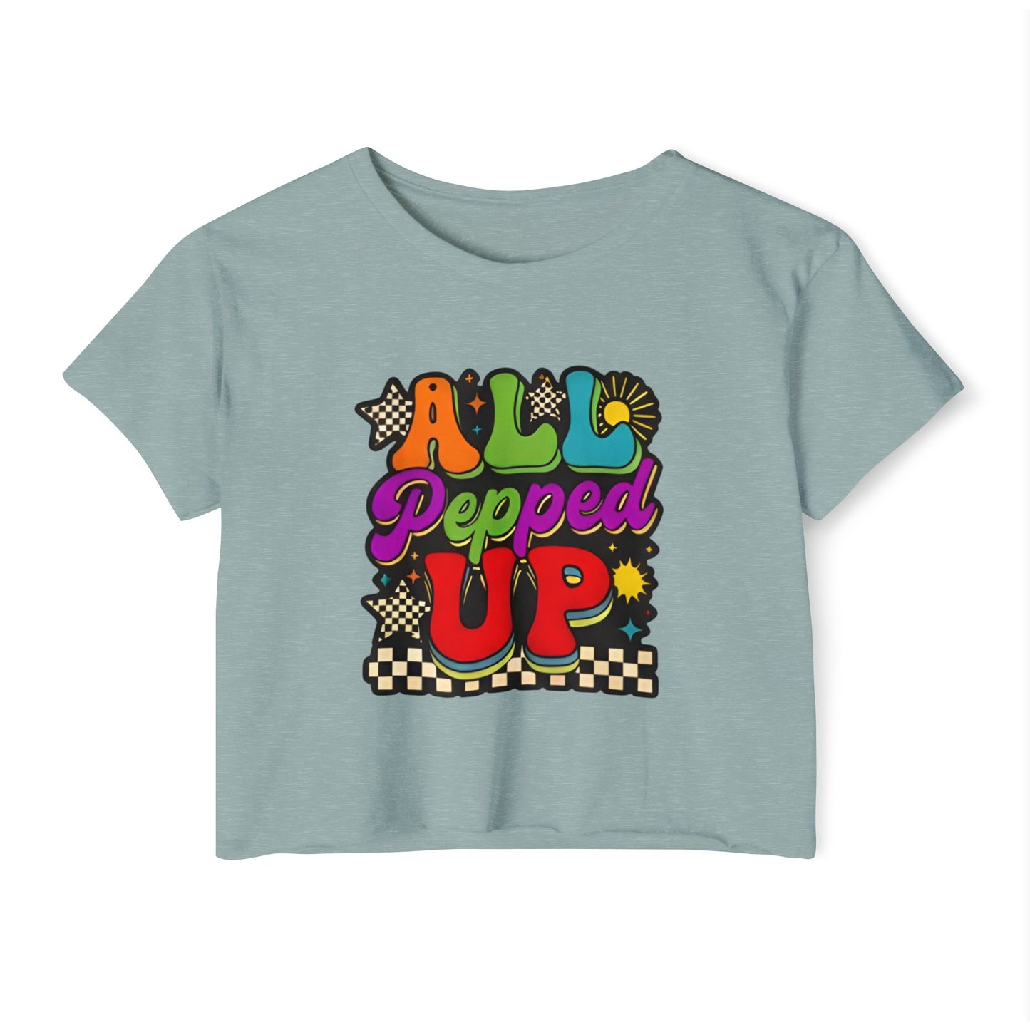 All Pepped Up Festival Crop Top — Retro Psychedelic Graphic Tee for Women