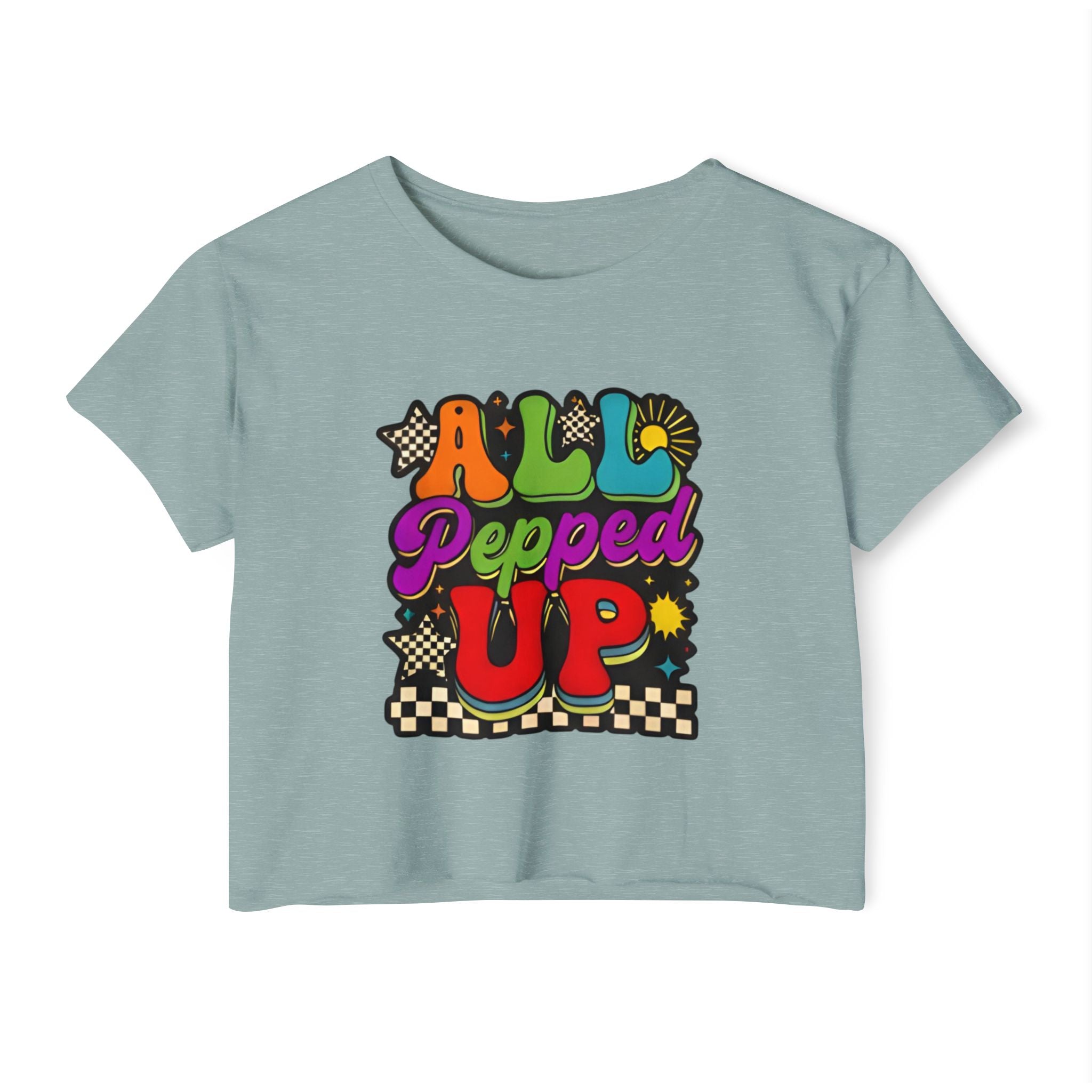 All Pepped Up Festival Crop Top — Retro Psychedelic Graphic Tee for Women