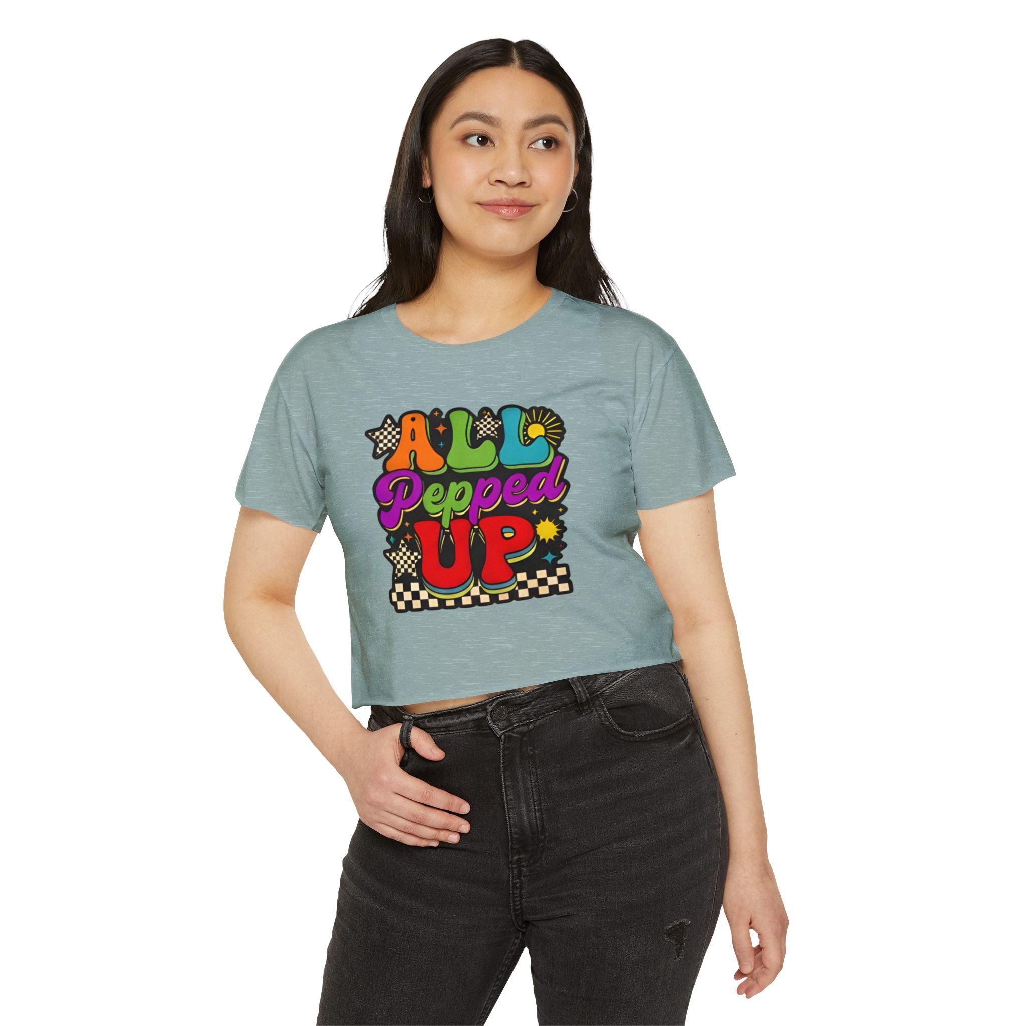 All Pepped Up Festival Crop Top — Retro Psychedelic Graphic Tee for Women