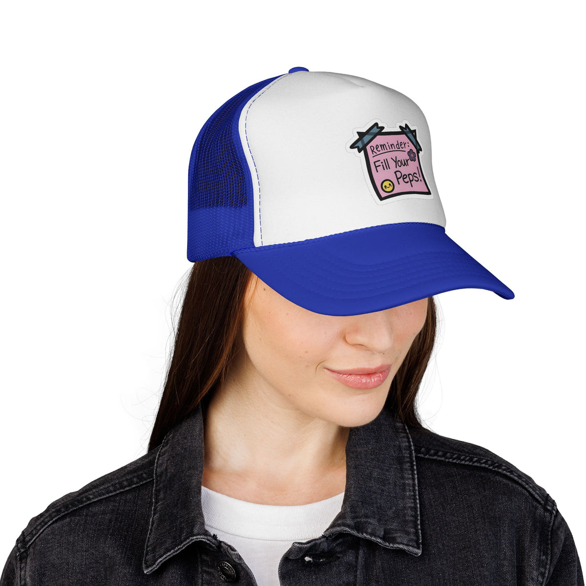 Trucker Hat — "Reminder: Fill Your Peps!" Cute Pastel Note Patch Cap