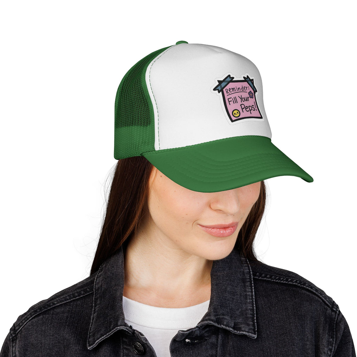 Trucker Hat — "Reminder: Fill Your Peps!" Cute Pastel Note Patch Cap