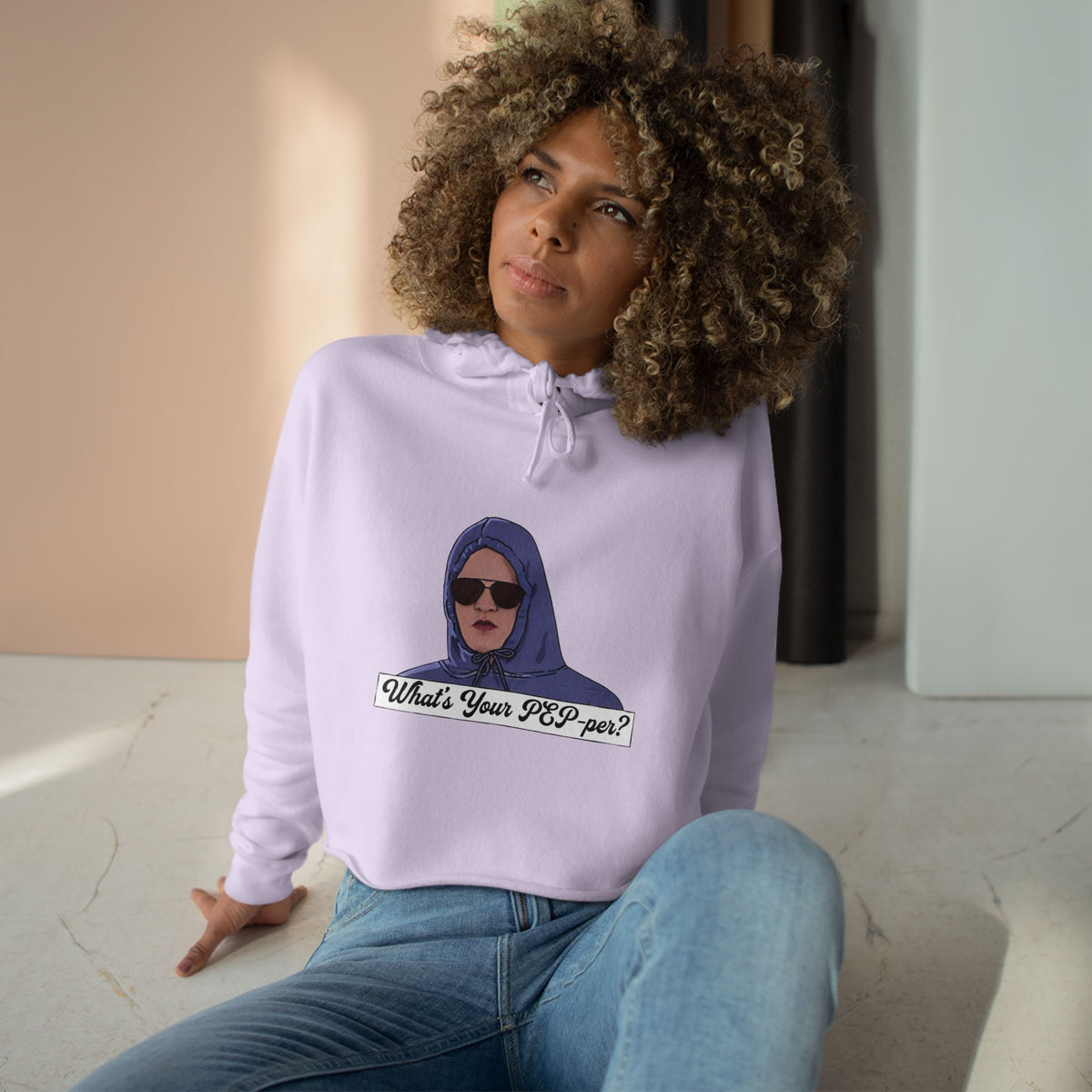 Crop Hoodie — 'What's Your PEP Per?' Graphic Cropped Hoodie