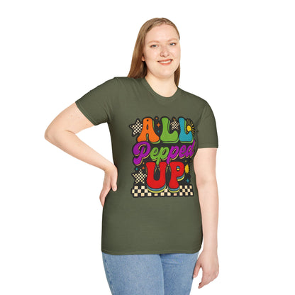 All Pepped Up Retro T-Shirt — Colorful 70s Groove Graphic Tee