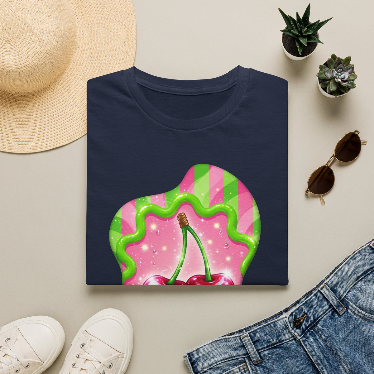 Cherry Kiss T-Shirt — Retro Pink & Green Graphic Tee