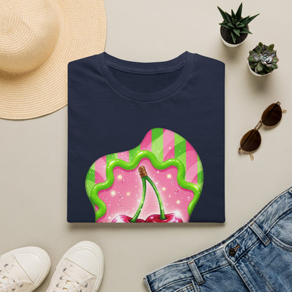 Cherry Kiss T-Shirt — Retro Pink & Green Graphic Tee