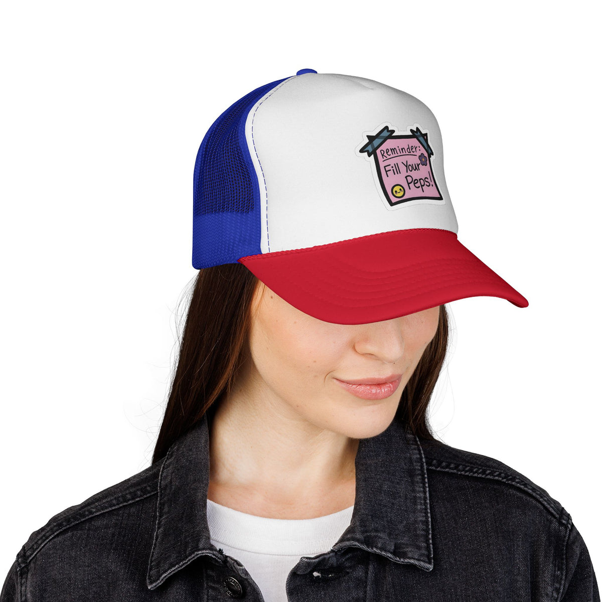 Trucker Hat — "Reminder: Fill Your Peps!" Cute Pastel Note Patch Cap