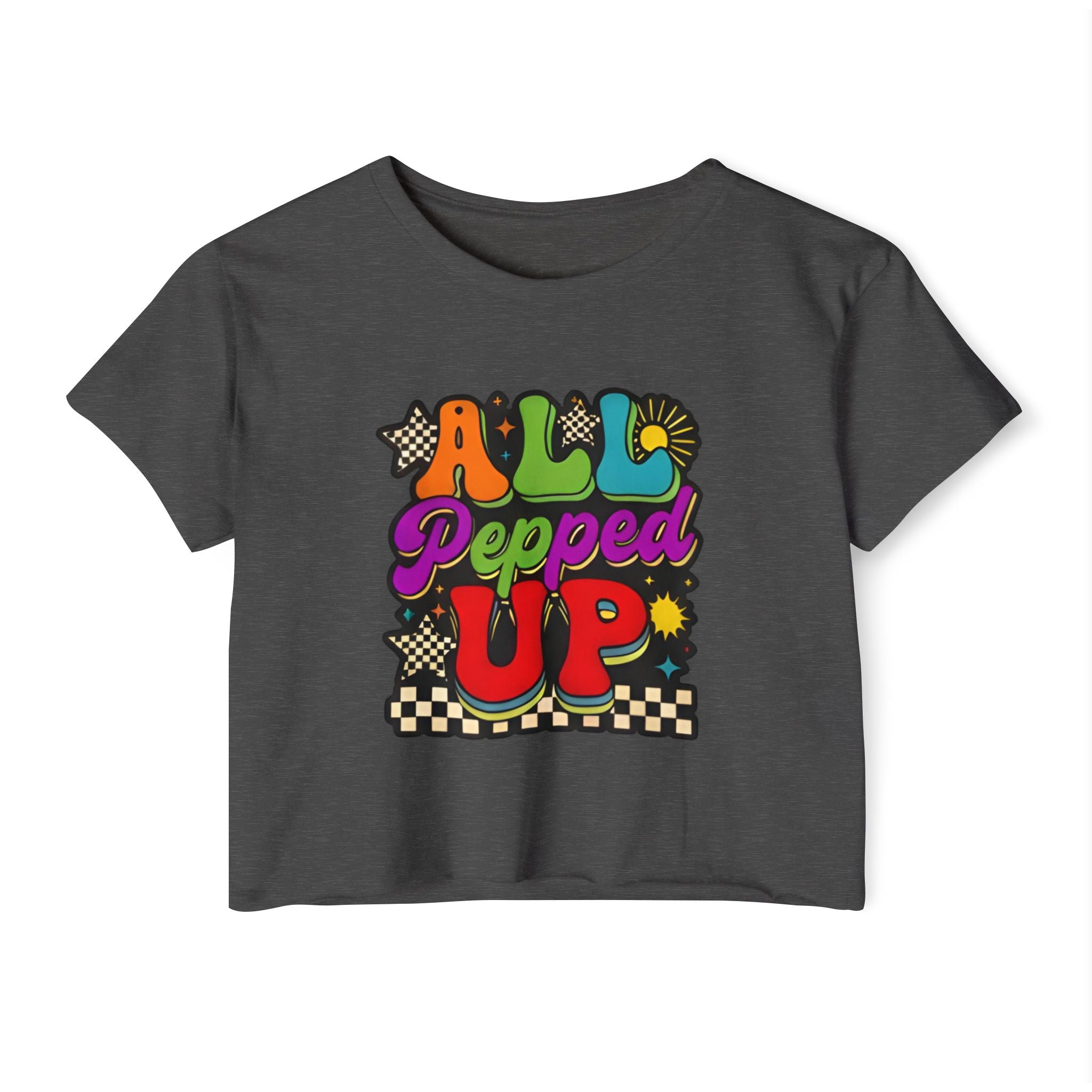 All Pepped Up Festival Crop Top — Retro Psychedelic Graphic Tee for Women