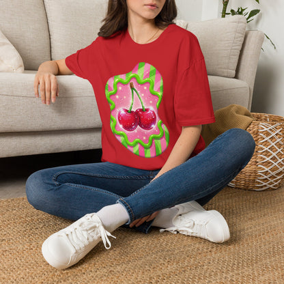 Cherry Kiss T-Shirt — Retro Pink & Green Graphic Tee