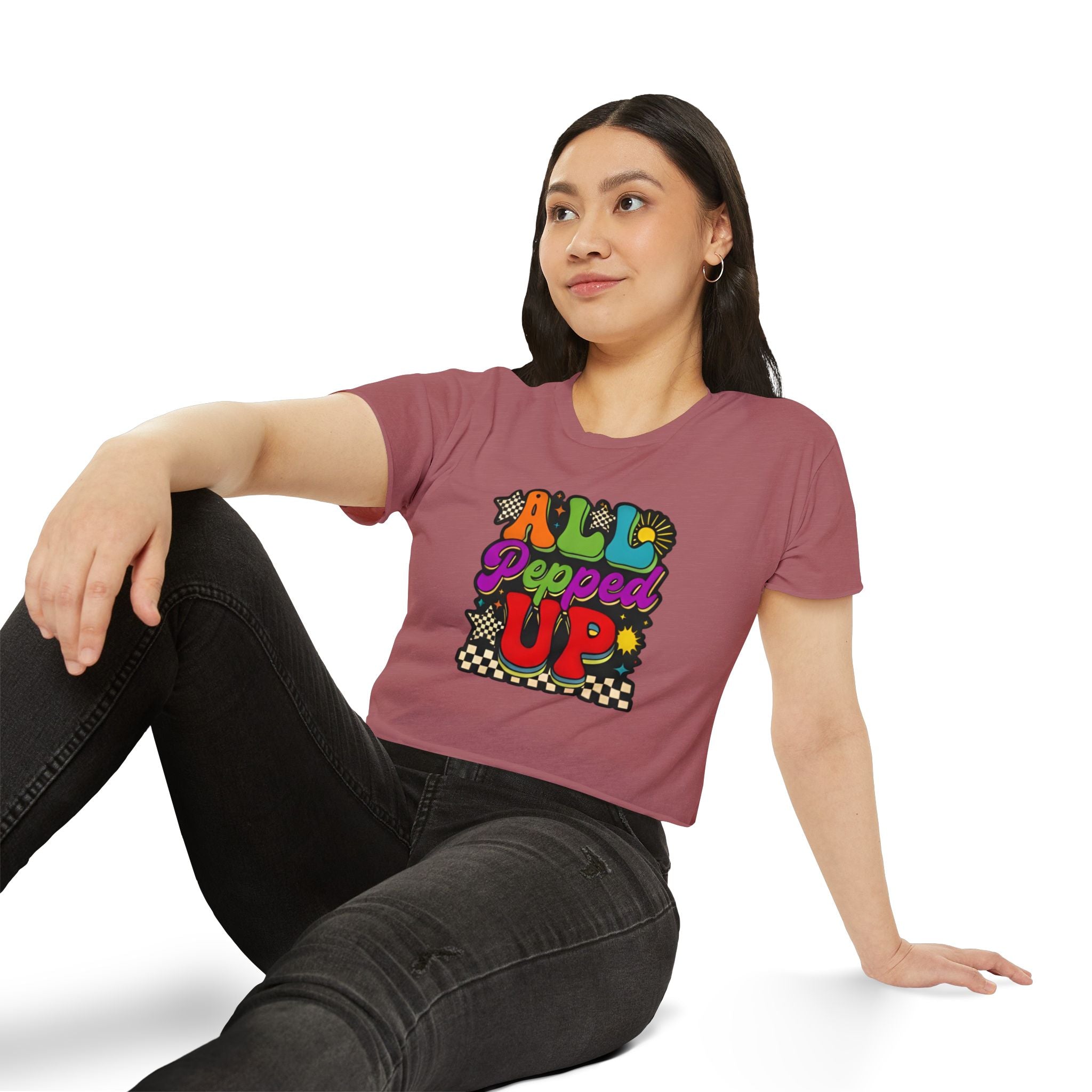 All Pepped Up Festival Crop Top — Retro Psychedelic Graphic Tee for Women