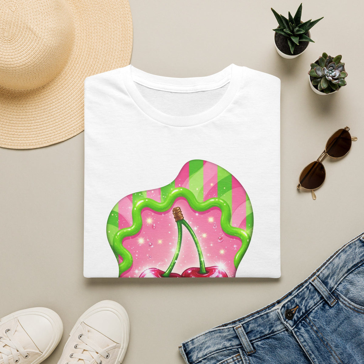 Cherry Kiss T-Shirt — Retro Pink & Green Graphic Tee