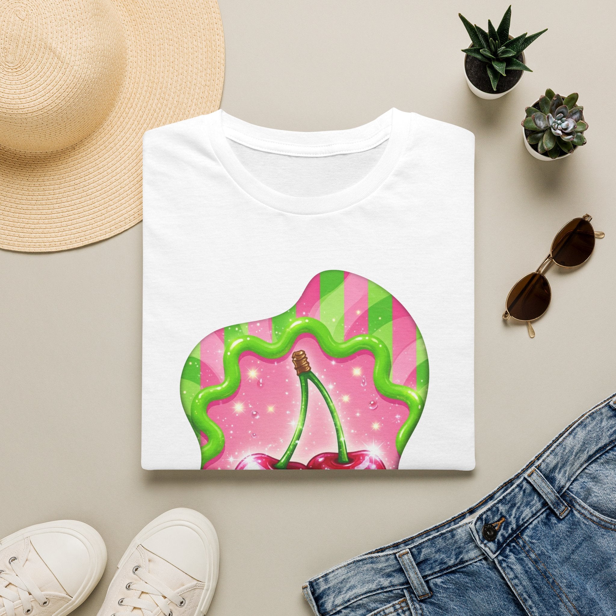 Cherry Kiss T-Shirt — Retro Pink & Green Graphic Tee