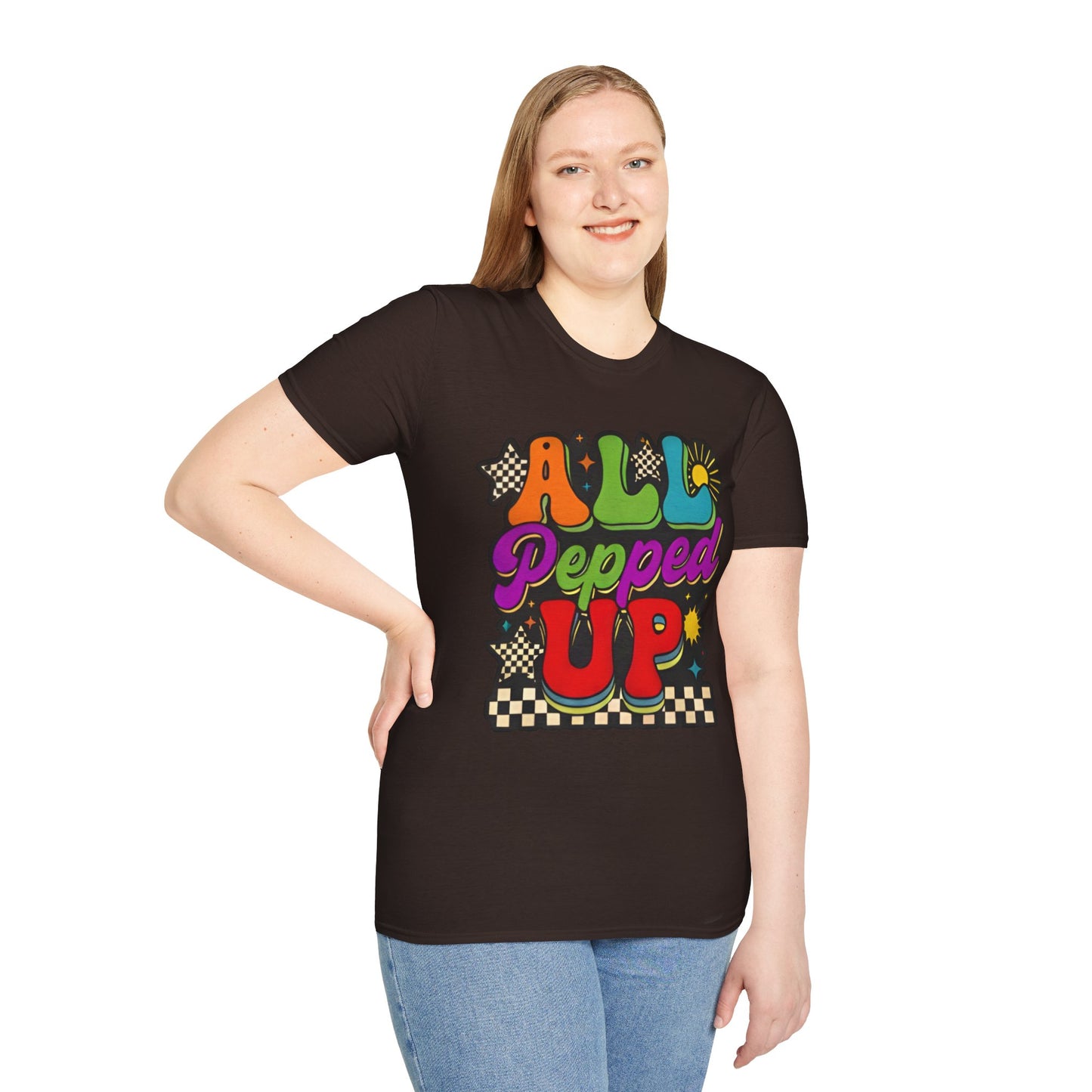 All Pepped Up Retro T-Shirt — Colorful 70s Groove Graphic Tee