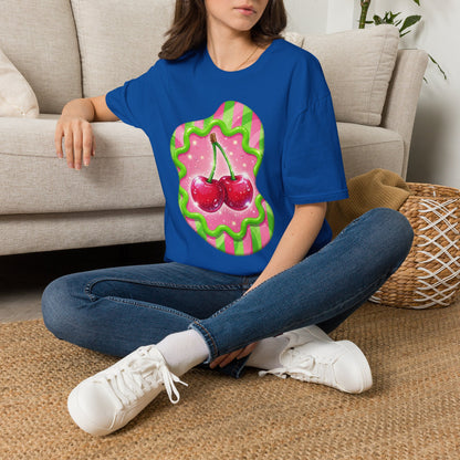 Cherry Kiss T-Shirt — Retro Pink & Green Graphic Tee