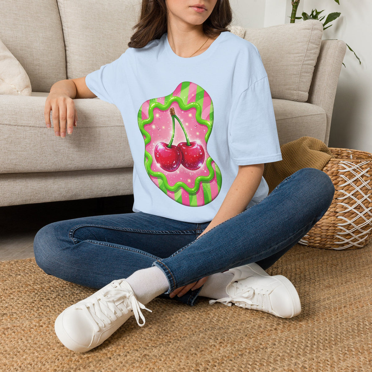 Cherry Kiss T-Shirt — Retro Pink & Green Graphic Tee