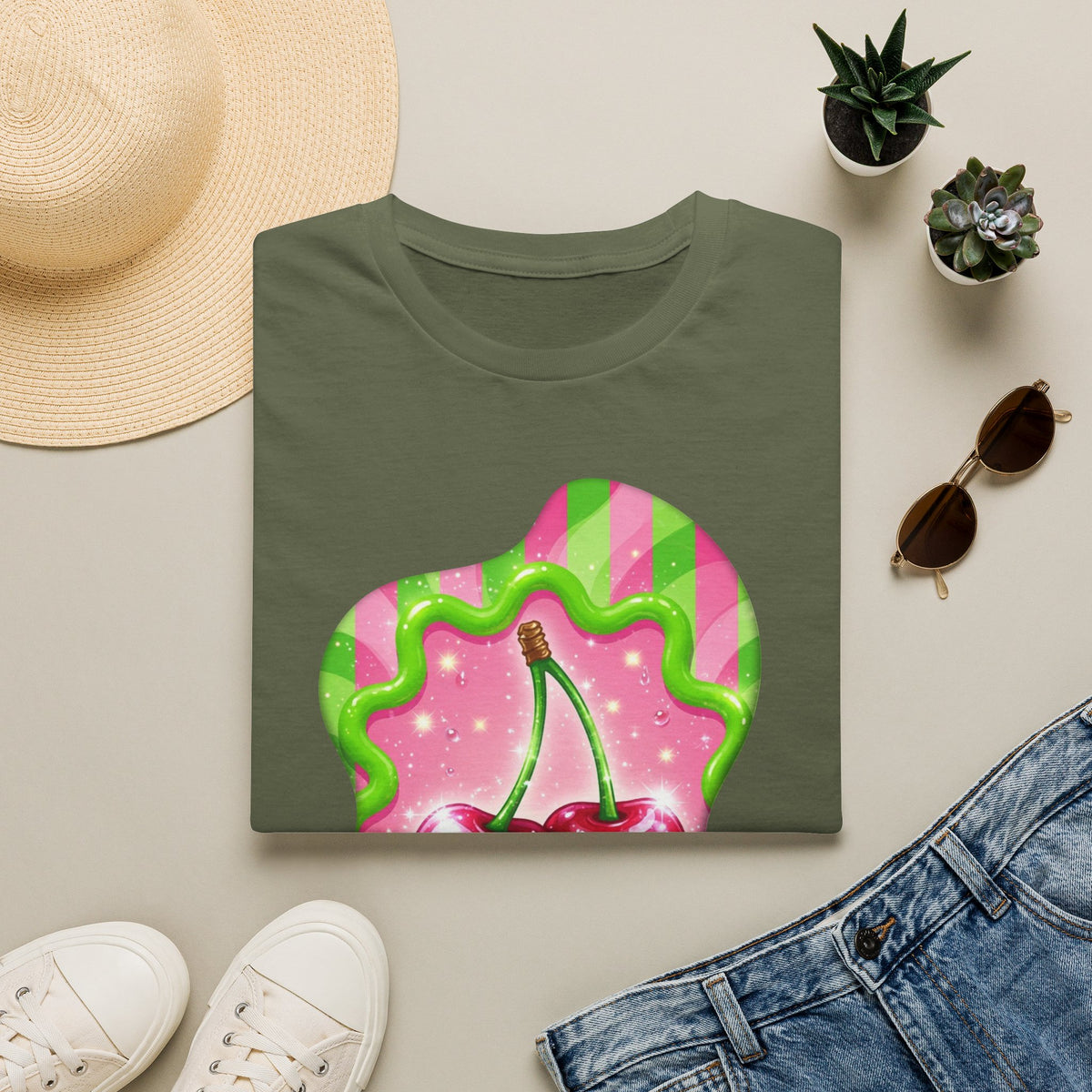 Cherry Kiss T-Shirt — Retro Pink & Green Graphic Tee