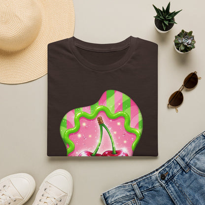 Cherry Kiss T-Shirt — Retro Pink & Green Graphic Tee