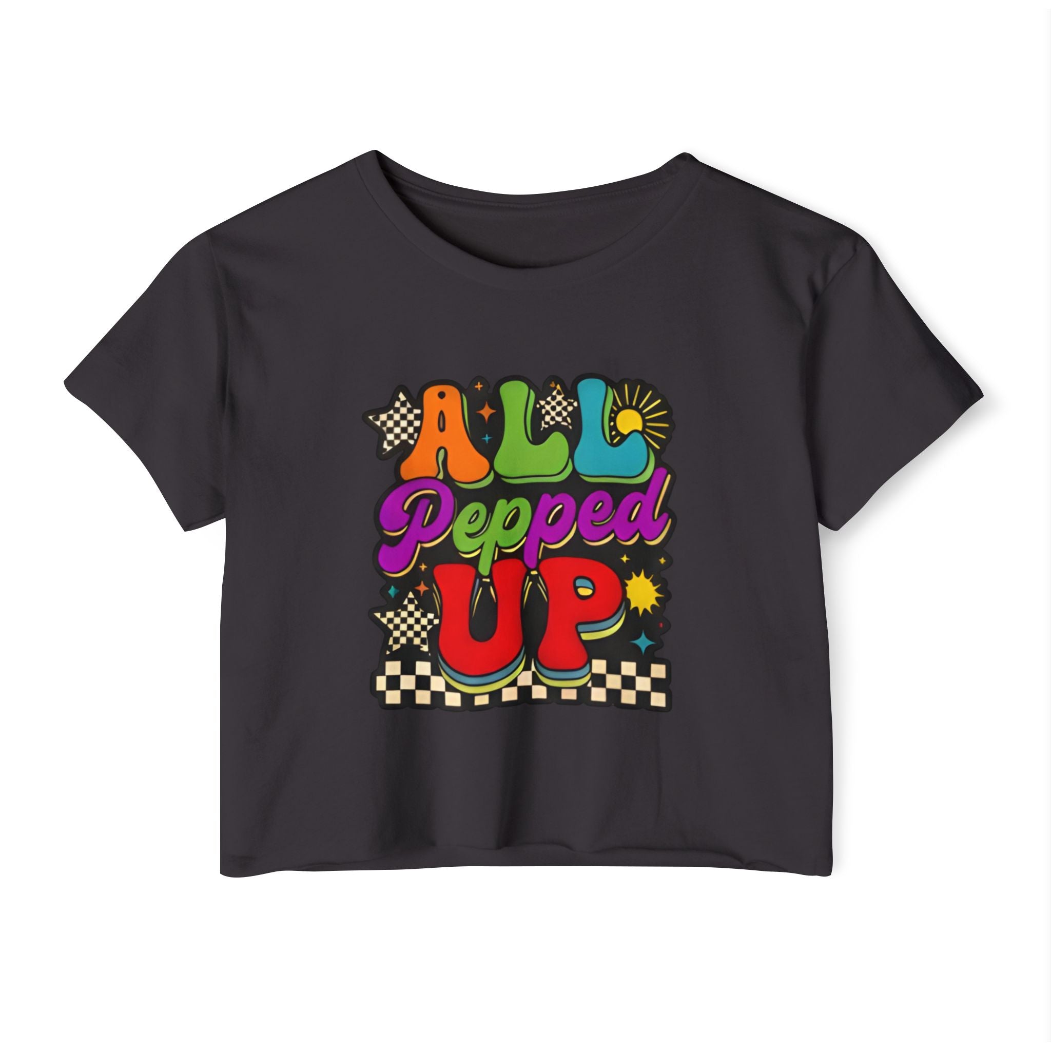 All Pepped Up Festival Crop Top — Retro Psychedelic Graphic Tee for Women