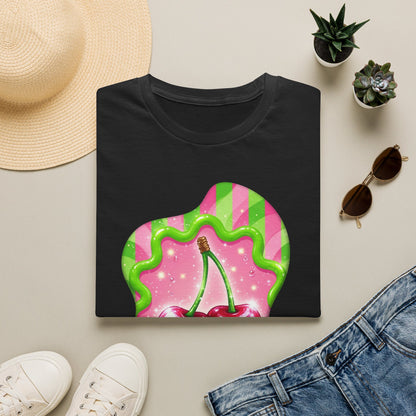 Cherry Kiss T-Shirt — Retro Pink & Green Graphic Tee