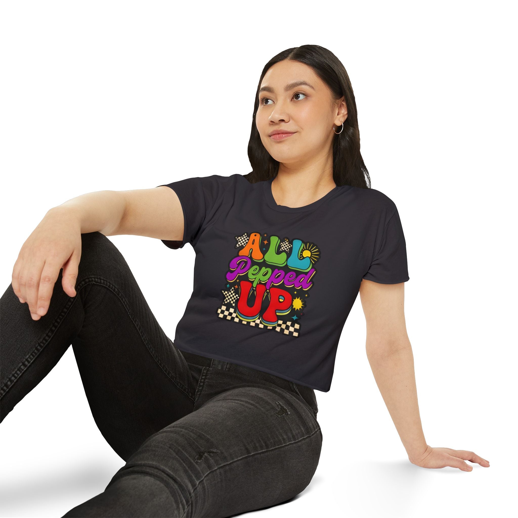 All Pepped Up Festival Crop Top — Retro Psychedelic Graphic Tee for Women
