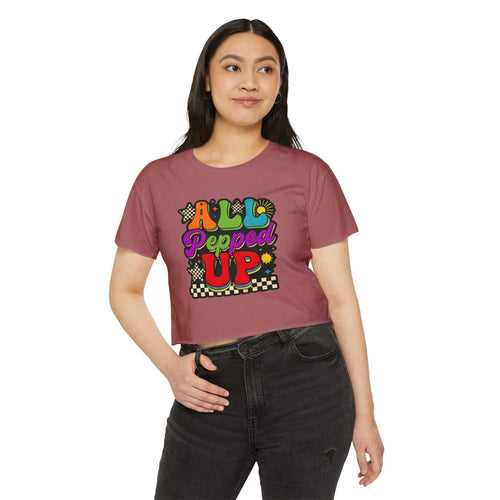 All Pepped Up Festival Crop Top — Retro Psychedelic Graphic Tee for Women