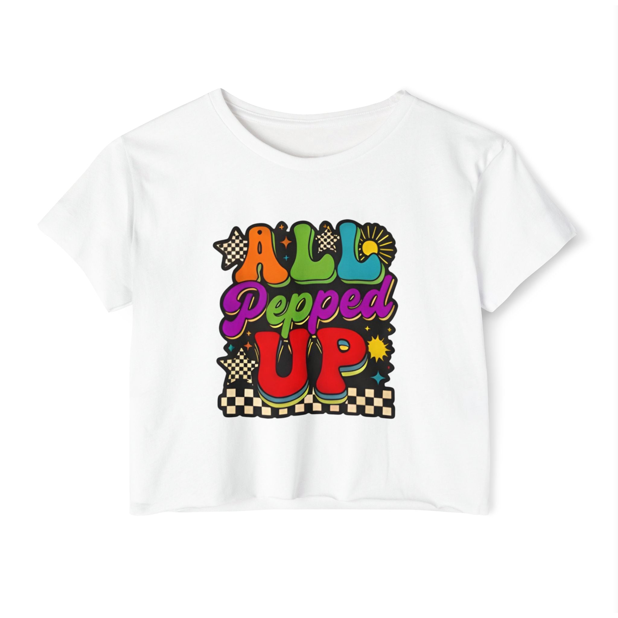 All Pepped Up Festival Crop Top — Retro Psychedelic Graphic Tee for Women