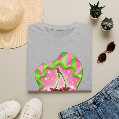 Cherry Kiss T-Shirt — Retro Pink & Green Graphic Tee