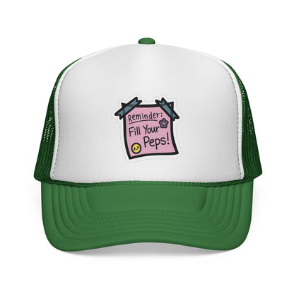 Trucker Hat — "Reminder: Fill Your Peps!" Cute Pastel Note Patch Cap