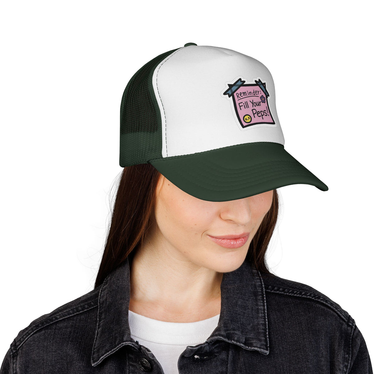 Trucker Hat — "Reminder: Fill Your Peps!" Cute Pastel Note Patch Cap