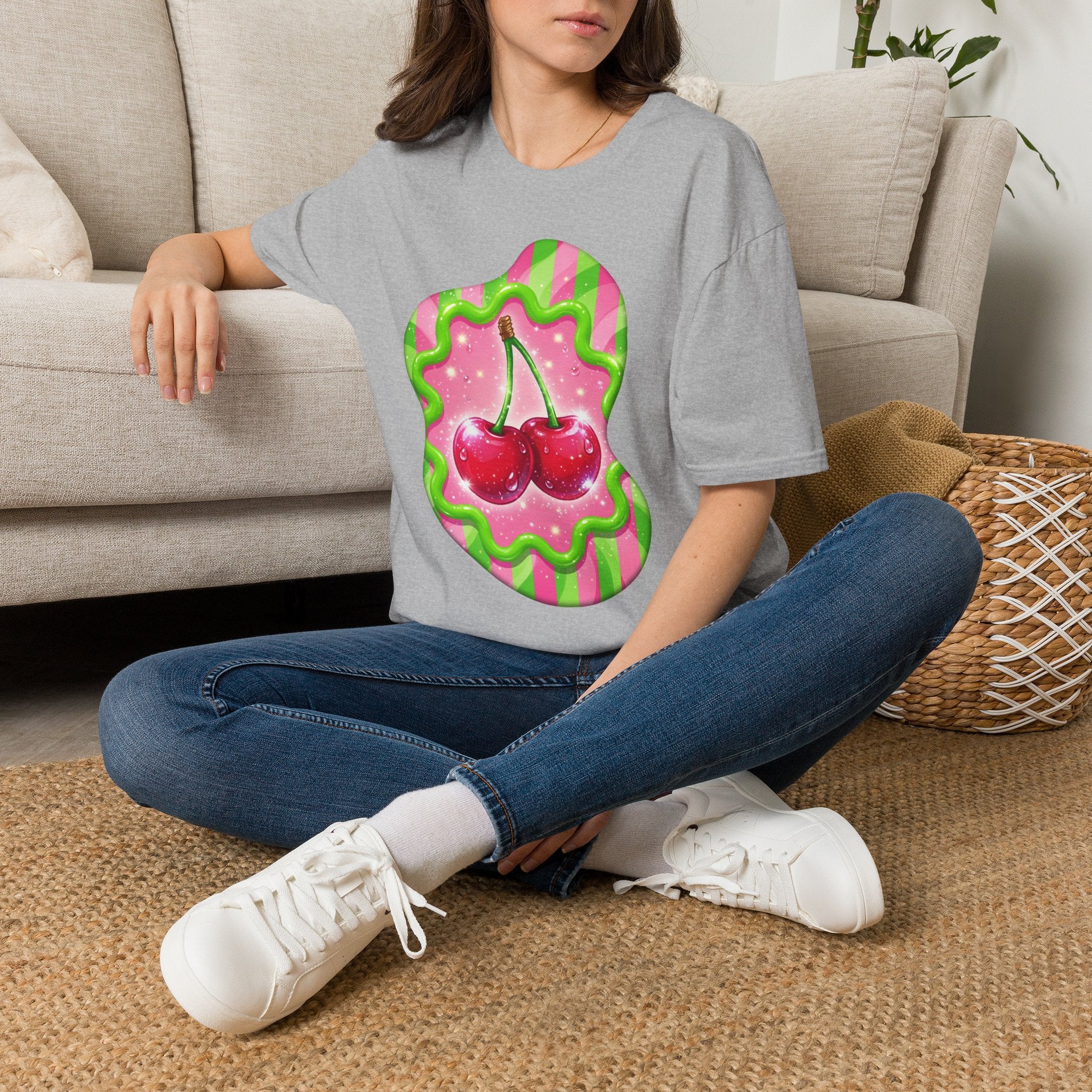 Cherry Kiss T-Shirt — Retro Pink & Green Graphic Tee