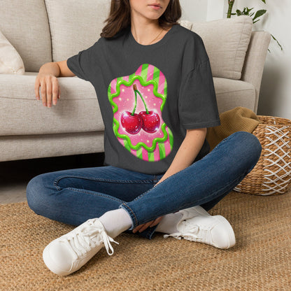 Cherry Kiss T-Shirt — Retro Pink & Green Graphic Tee