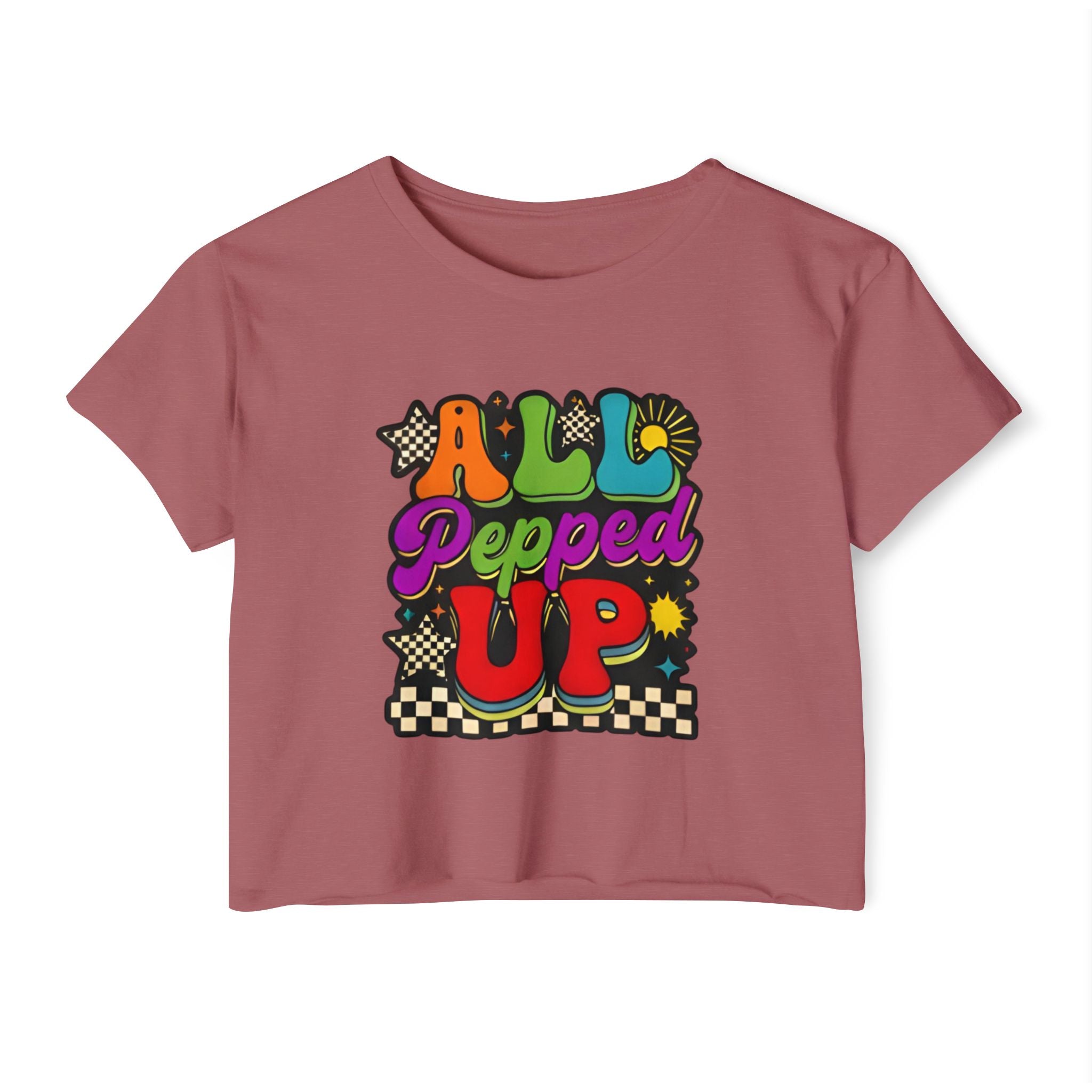 All Pepped Up Festival Crop Top — Retro Psychedelic Graphic Tee for Women