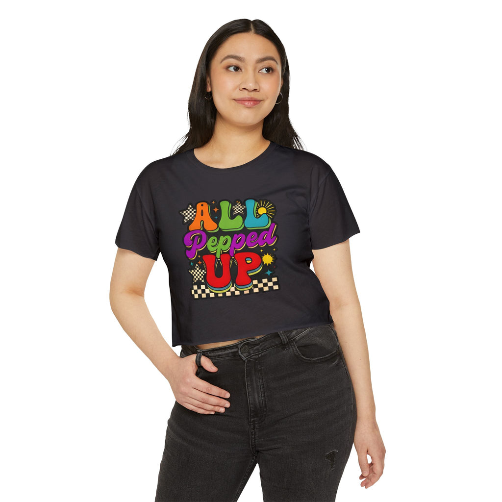 All Pepped Up Festival Crop Top — Retro Psychedelic Graphic Tee for Women