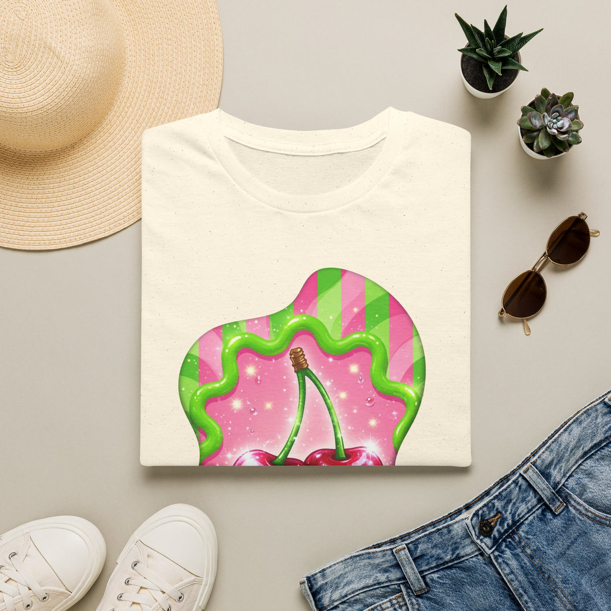 Cherry Kiss T-Shirt — Retro Pink & Green Graphic Tee