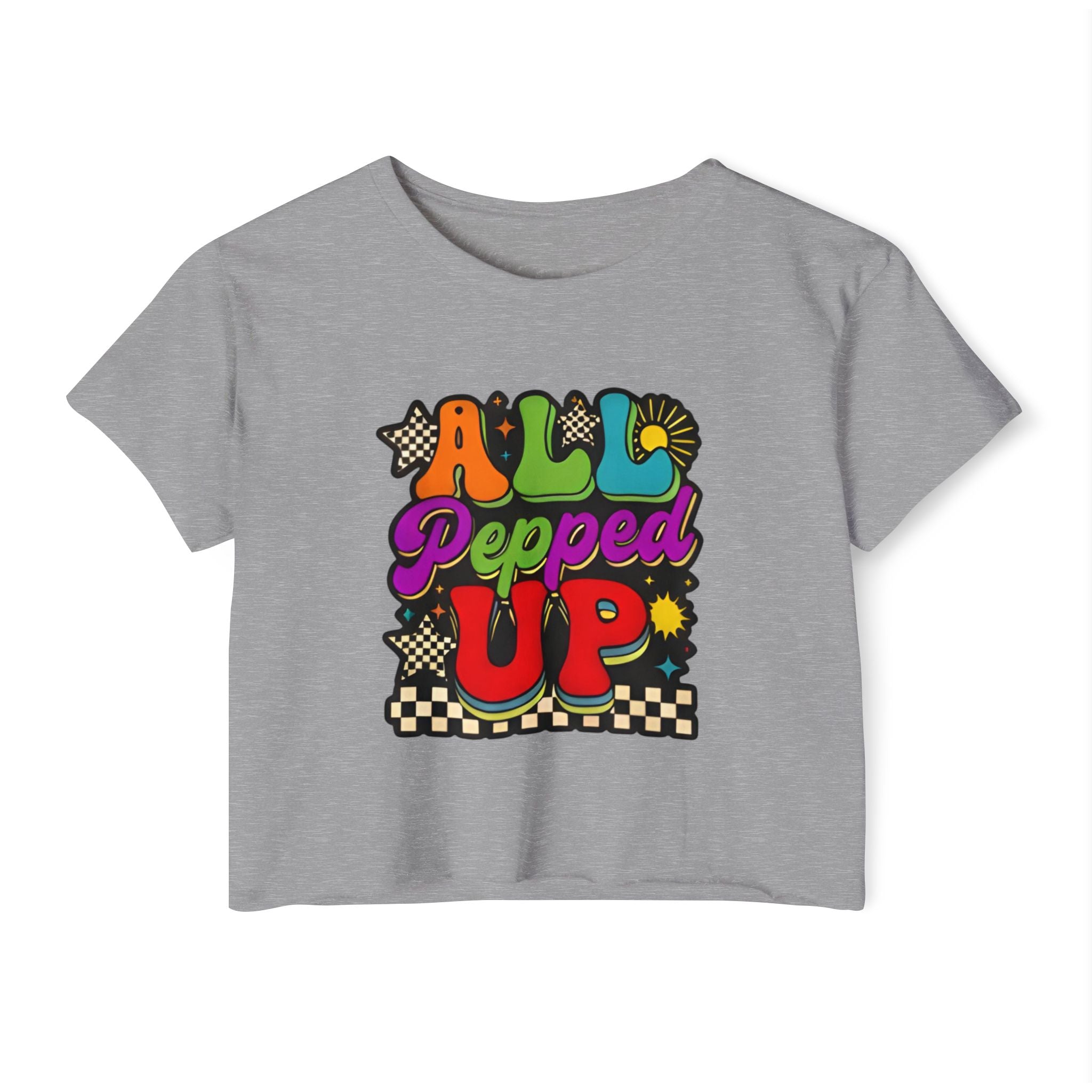 All Pepped Up Festival Crop Top — Retro Psychedelic Graphic Tee for Women