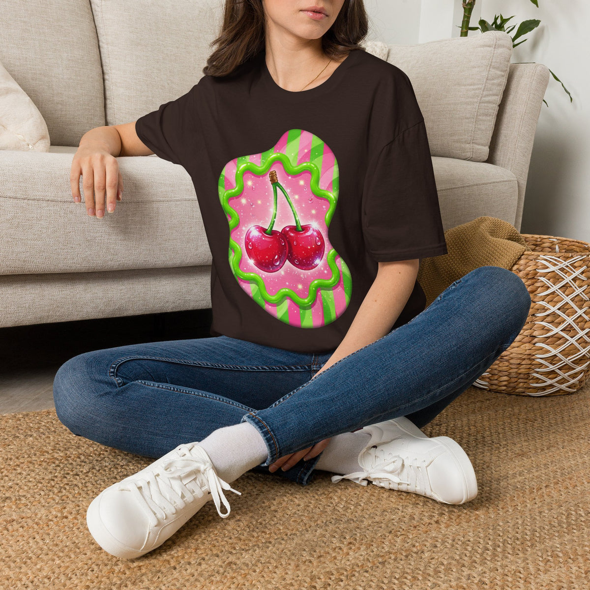 Cherry Kiss T-Shirt — Retro Pink & Green Graphic Tee