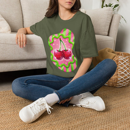 Cherry Kiss T-Shirt — Retro Pink & Green Graphic Tee