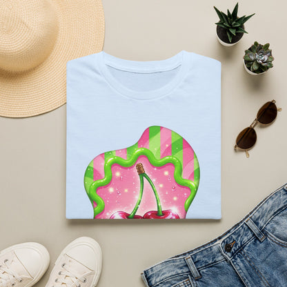 Cherry Kiss T-Shirt — Retro Pink & Green Graphic Tee