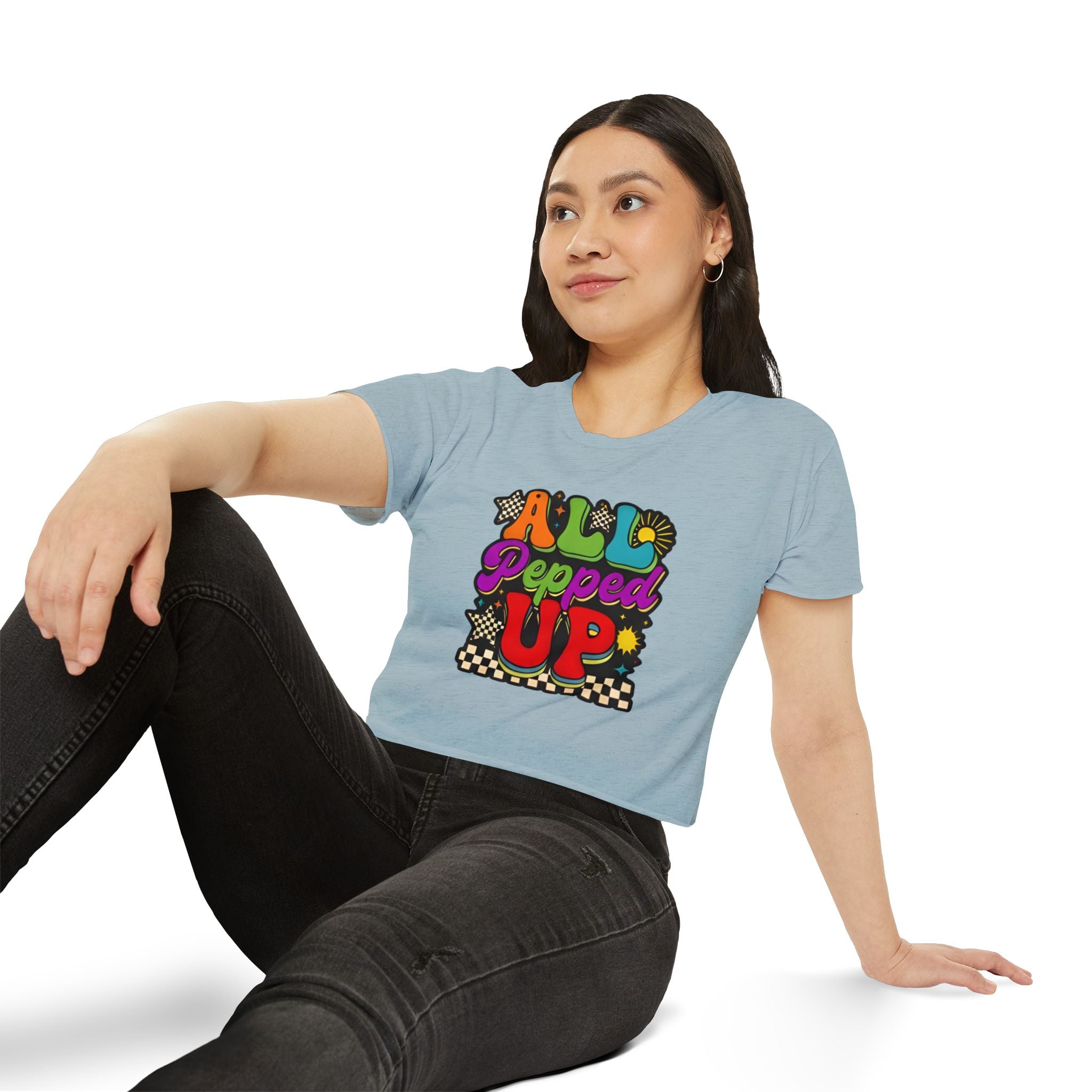 All Pepped Up Festival Crop Top — Retro Psychedelic Graphic Tee for Women