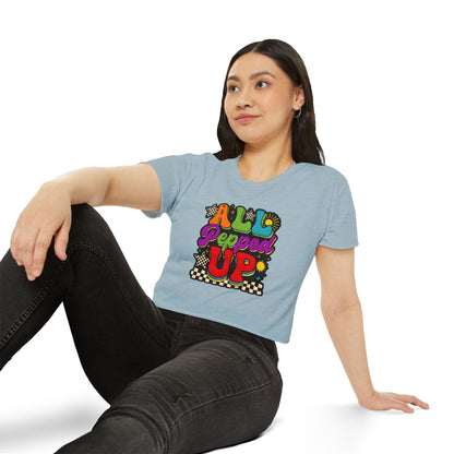 All Pepped Up Festival Crop Top — Retro Psychedelic Graphic Tee for Women